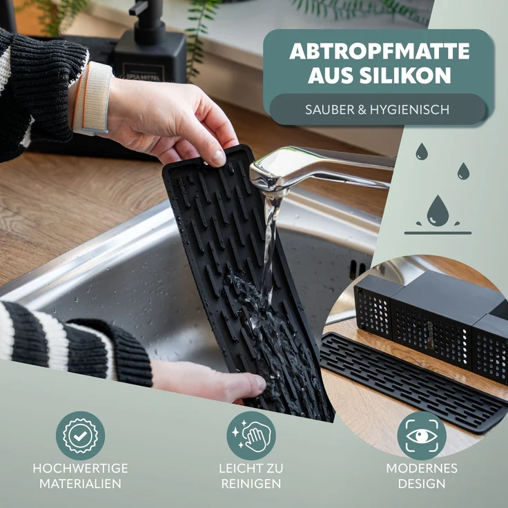eluno Spülbeckenorganizer mit vielen Extras wie 2 Seifenspendern, aus schwarzem Kunststoff, ca. 34,5 x 24 x 9 cm – Bild 5