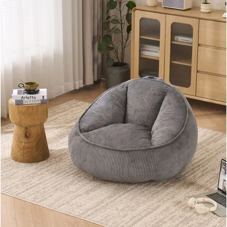 Sitzsack in Grau 90cm×90cm×59cm mit Cordbezug und Memory-Schaum-Füllung – ergonomische Rückenstütze