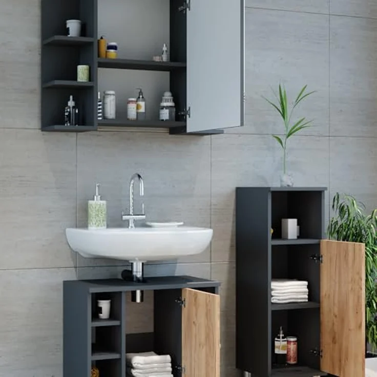 Vichy Badmöbelset Fynn, 3-teiliges Badspiegelschrank-Set mit Midischrank, Anthrazit/Goldkraft Eiche, umfangreicher Stauraum – Bild 5