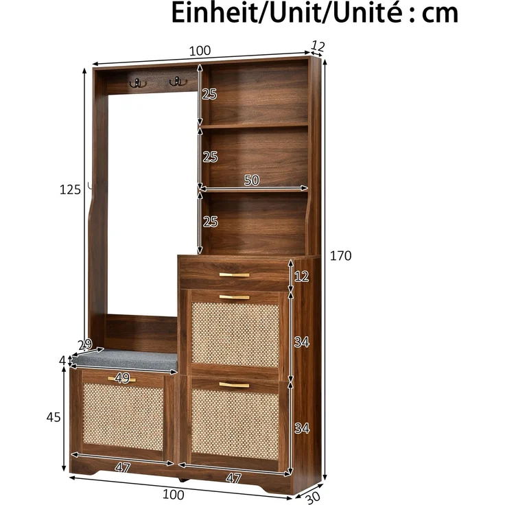 Garderobenschrank Flurgarderobe mit Sitzbank Schuhschrank Rattan Front Kleiderhaken Schubladen Stauraumschrank Eingangsbereich--Nussbaum--100x30x170cm--YOUDENOVA – Bild 5