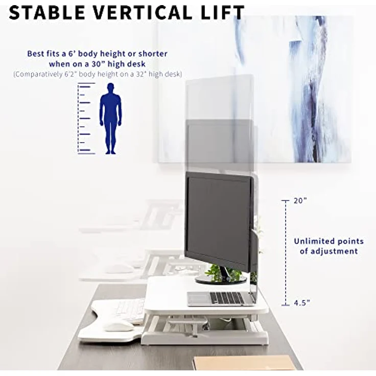VIVO 32 Zoll Stehpult-Konverter, höhenverstellbarer Aufsatz, Sitz-Steh-Arbeitsplatz für Zwei Monitore und Laptop mit breiter Tastaturablage, Weiß, DESK-V000KW – Bild 5