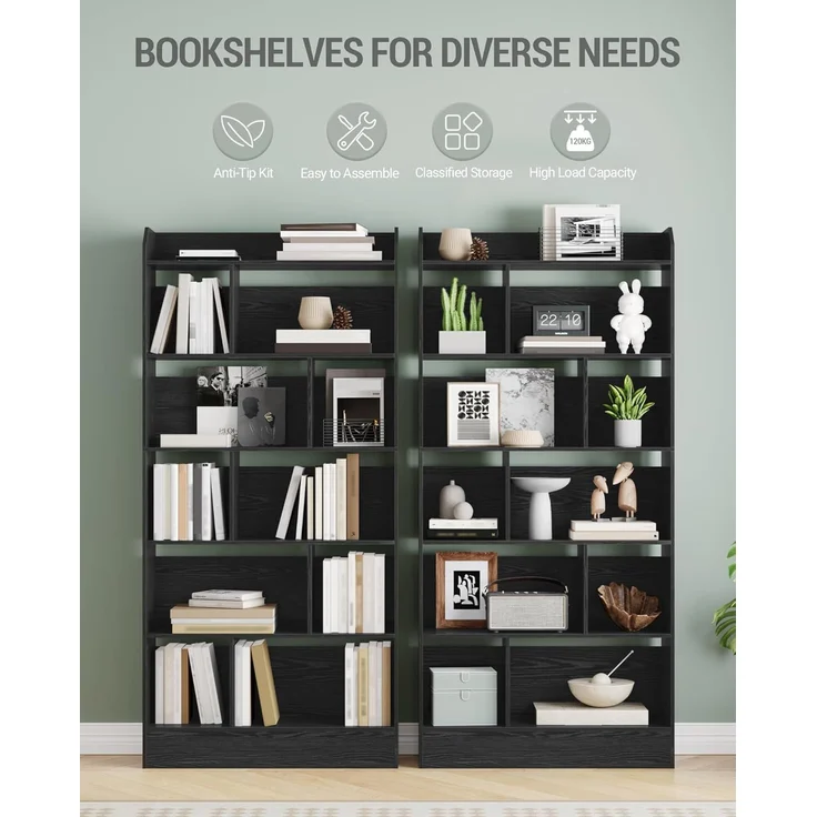 Bücherregal, Bücherschrank, mit 6 Fächern, Aufbewahrungsregal, Standregal, für Wohnzimmer, Büro, Schlafzimmer, 24 x 80 x 170 cm, Schwarz – Bild 4