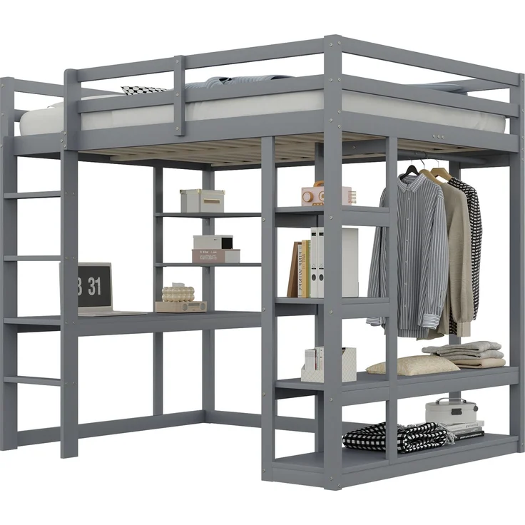 Hochbett 140x200 cm mit Schreibtisch und Stauraum,Kinder- & Jugendbett aus Massivholz,Leiter & Regale,Grau – Bild 6