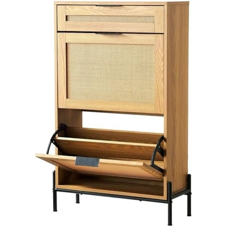 VEVOR Schuhschrank Schuhkommode aus Rattan mit 2 Klappschubladen & 1 Ausziehschublade, Metallbeine, schmaler Schuhschrank ideal für Eingangsbereich Diele Schrank Flur helle Holzfarbe Schuhkipper