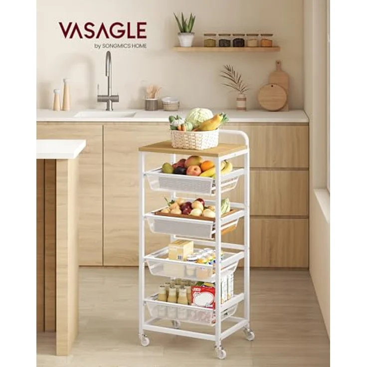 VASAGLE Servierwagen mit 5 Ebenen, Rollwagen mit herausziehbaren Körben, Küchenregal auf Rollen, Griff, 31,7 x 40 x 95 cm, goldeichenfarben-mattweiß LRC041YA01 – Bild 3