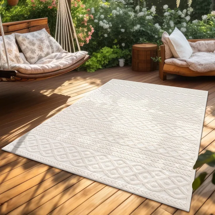Paco Home Teppich In- & Outdoor, Moderne abstrakte Boho Designs mit 3D Struktur, robust & wetterfest, ideal für Terrasse Wohnzimmer & Küche, Grösse:240x340 cm, Farbe:Creme 4