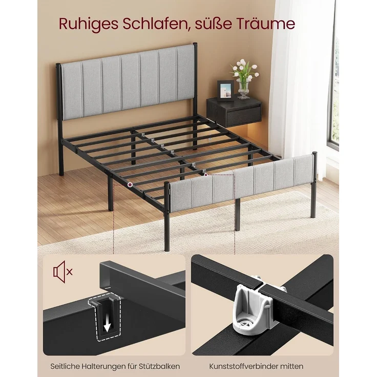 VASAGLE Doppelbettgestell, Bettgestell, 140 x 200 cm, mit gepolstertem Kopfteil, Bettrahmen, Stahl-Latten, trägt bis zu 500 kg, einfache Montage, Taubengrau – Bild 6