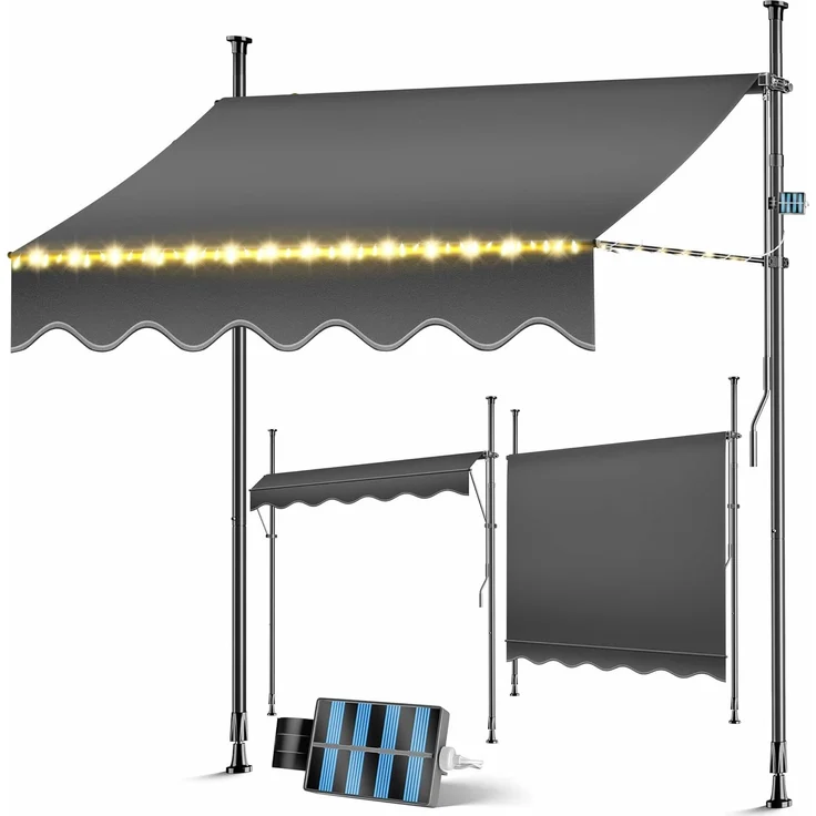 KESSER® Klemmmarkise mit Handkurbel & LED Lichterkette | Balkonmarkise ohne Bohren | Markise UV-beständig höhenverstellbar & wasserabweisend | Sonnenschutz für Balkon Terrasse & Garten Anthrazit, 200cm – Bild 1