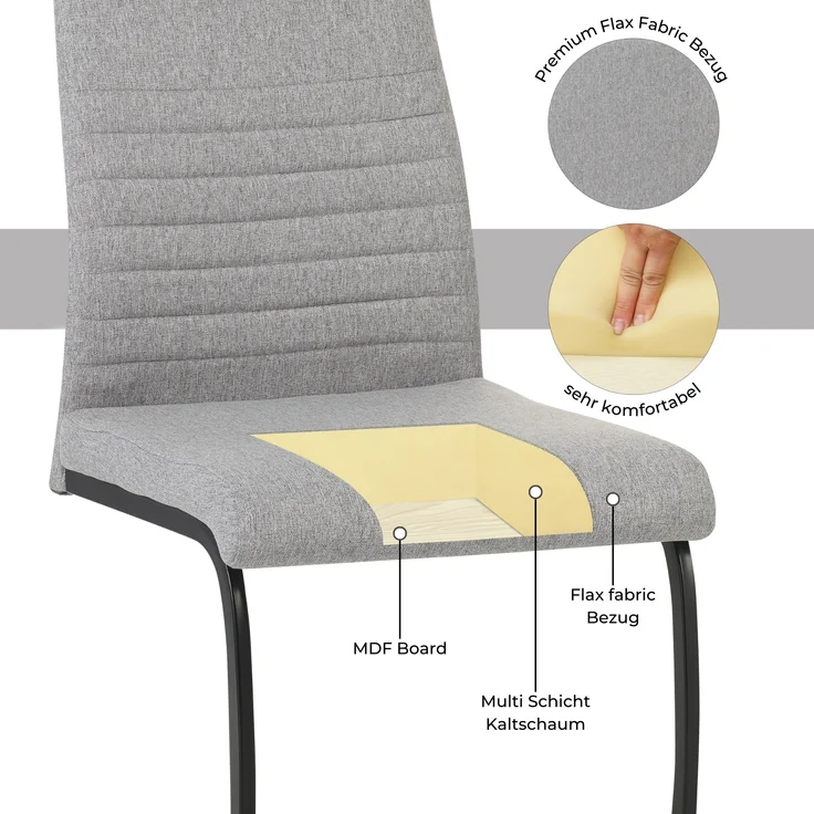 ALBATROS Freischwinger Stuhl TURANO 4er Set, Grau - Esszimmerstuhl Schwingstuhl mit Modernem Design, Stoff-Bezug, Dicke Polsterung - Küchenstuhl, Polster-Stuhl Esszimmer, Esstisch Stuhl – Bild 5