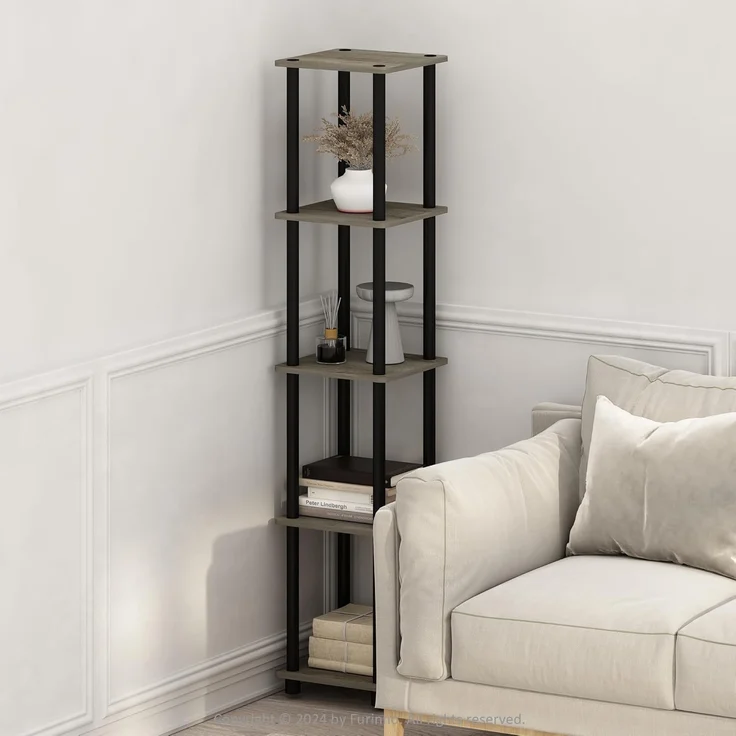 Furinno Turn-N-Tube 5-stufiges Viereckiges Regal, MehrzweckRegal, Bücherregal, Aufbewahrungsregal, mit Runde Rohre, Französische Eiche/Schwarz, 29. 5 (Breite) x 146. 3 (Höhe) x 29. 5 (Tiefe) cm – Bild 2
