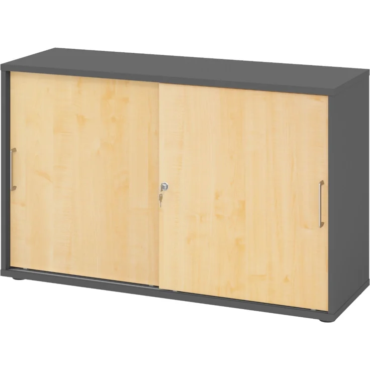 bümö Schiebetürenschrank 2OH - Aktenschrank abschließbar, Sideboard Schrank mit Schiebetüren in Graphit/Ahorn, Bügelgriff - Büroschrank aus Holz mit Schiebetür, Büro Kommode für Ordner & Co, 1752S-G-3-BS – Bild 1