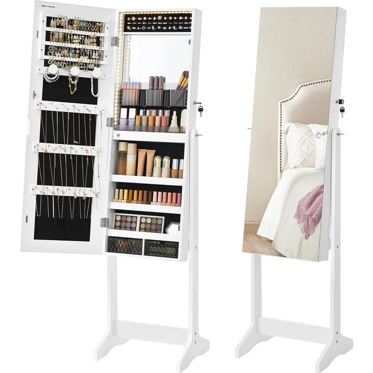SONGMICS Schmuckschrank, Spiegelschrank, mit rahmenlosem Ganzkörperspiegel, LED-Beleuchtung, Innenspiegel, 2 Schubladen, abschließbar, wolkenweiß JJC023W01 – Bild 1