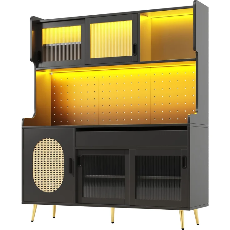 Seitenboard / Aufbewahrungsschrank / Küchenschrank / Buffetschrank, 145x39x171cm, Landhausstil, 5 Türen, mit LED-Lichtleiste & Ordnungslockplatte, Fluted Glas Türen, Braun/Schwarz – Bild 10