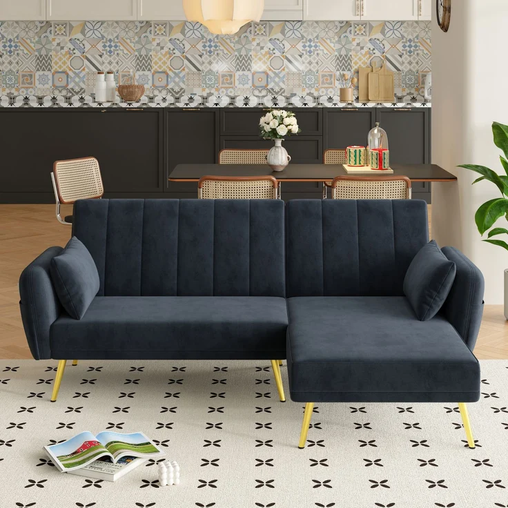 Merax Modernes Klappsofa, L-förmiges Sofa, Schlafsofa mit Zusatzecke, Ecksofa mit Schlaffunktion, Schwarz – Bild 2