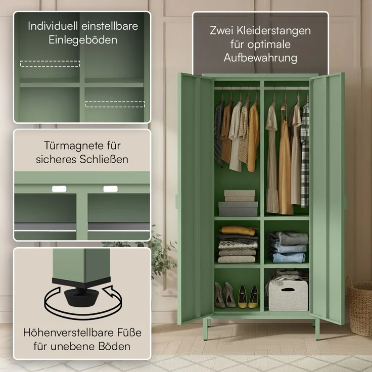 skølm 'Ituri' Kleiderschrank, Metall, 170x45x80 cm, mintgrün, Garderobe mit 4 Fächern und 2 Kleiderstangen – Bild 3