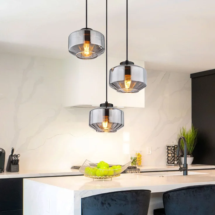 Hängeleuchte, 3-flammig, Metall Glas, schwarz rauch, H 120cm – Bild 7