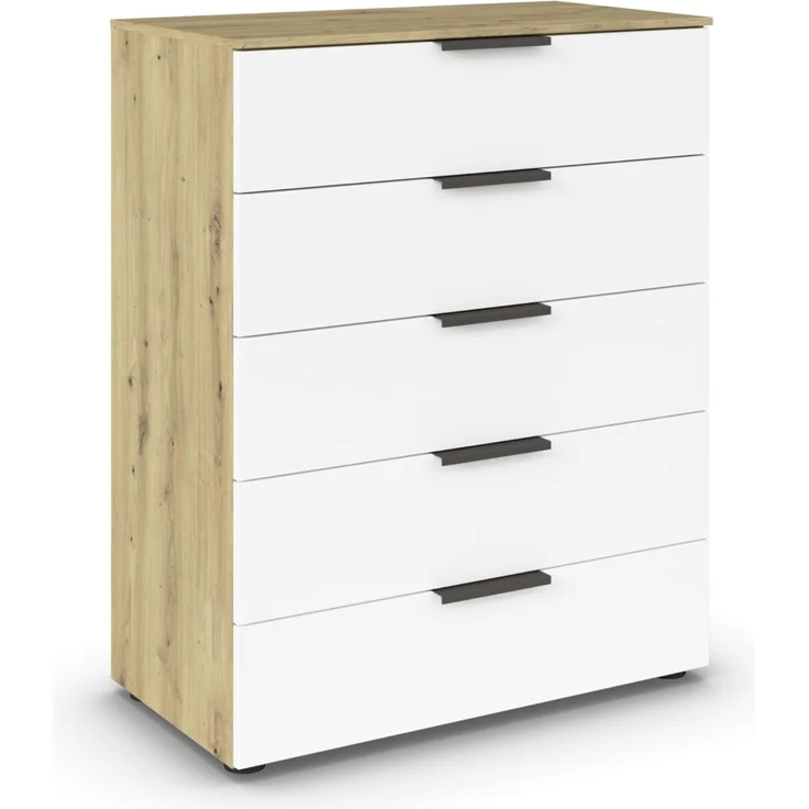 Rauch Möbel Flipp, Kommode für Schlafzimmer, Kinderzimmer, Wohnzimmer, Jugendzimmer, Flur, Garderobe, 5 Schubladen, mit Softclose Funktion, Farbe Eiche Artisan, Holz/Weiß, Breite 80 cm