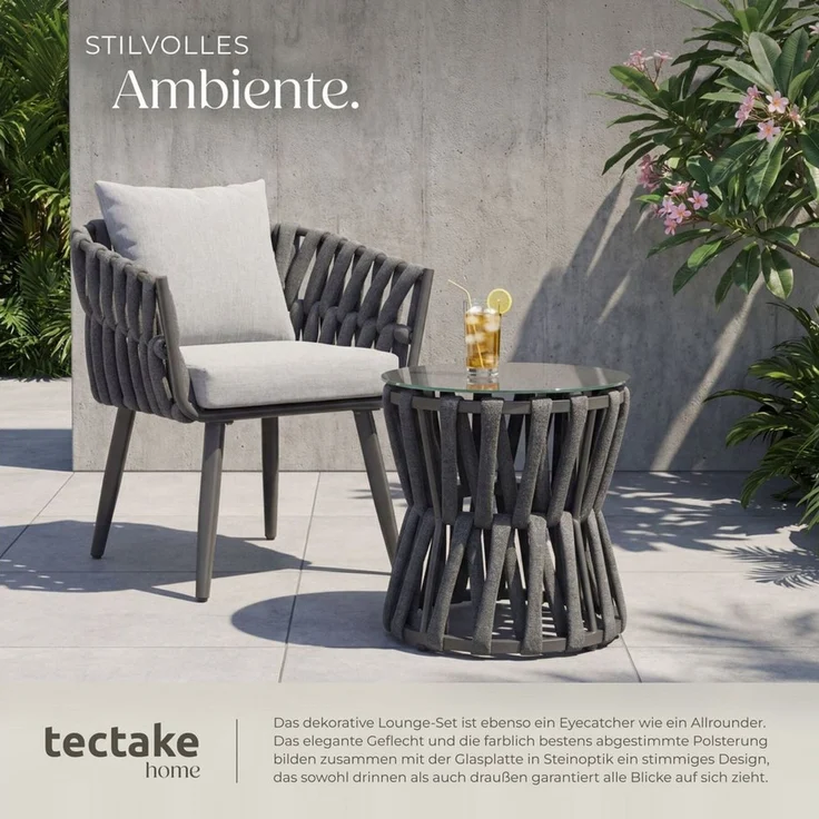 tectake Gartenlounge-Set Lugano - Trendiges Rope-Design mit wasserabweisenden Bezügen, (Set, 3-tlg), Extra dickes Sitzpolster und komfortables Rückenkissen – Bild 3