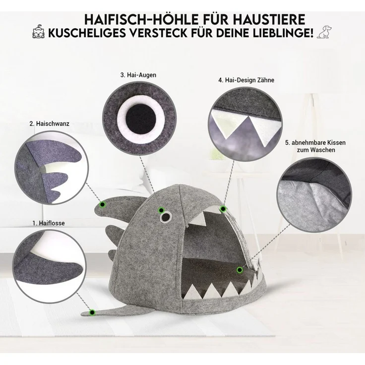 hausleben Katzenliege Filz Katzenhöhle Katzenbett Pet Nest Winter mit lustiger Optik, Filz, optisch ansprechendes Bett für Ihre Katze in Hai-Design – Bild 2