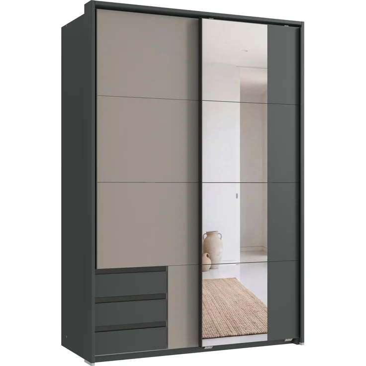 Schwebetürenschrank Kleiderschrank 138 cm Grafit Spiegel Sandgrau Passepartout – Bild 1