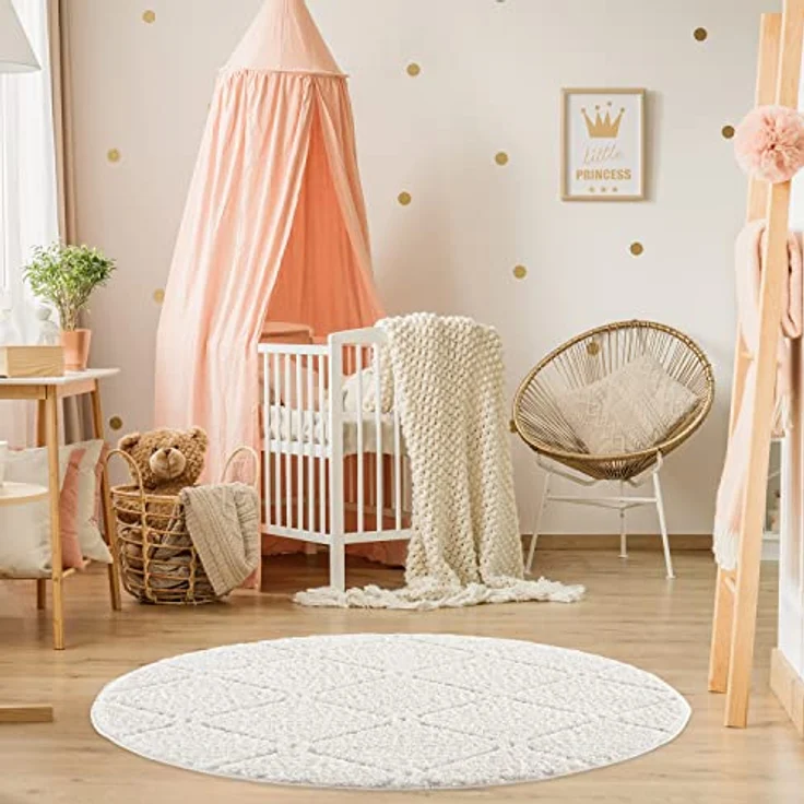 Teppich Rund - Hochflor - Boho - Cream - 160x160cm - Einfarbig - Modern Raute Meliert Muster - Skandinavisch Flauschig Weich - Wohnteppich Schlafzimmer Dekoration – Bild 6
