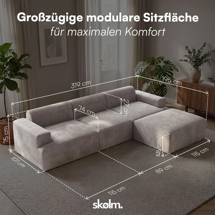 skølm 'Freki' Cloud Sofa 4 Sitzer mit Hocker, Vollschaumcouch mit Federkern und Vakuum-Kompression, kein Aufbau erforderlich, mit 3 Kissen, Cord grau – Bild 9