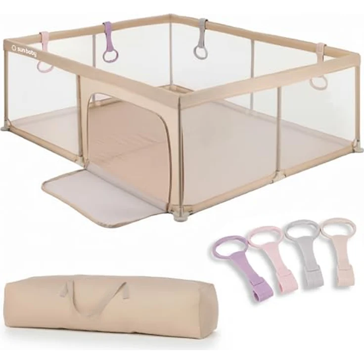 sun baby Laufstall mit rosa Griffen 150x200 cm 0-2 Jahre Beige, Polyester, Netzwände, Eingang mit Reißverschluss, rutschfeste Füße, Tragetasche im Set, Metallrahmen – Bild 2
