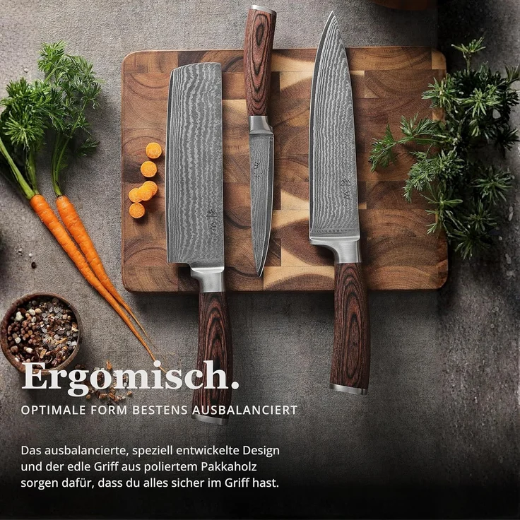 Wakoli Messer-Set 3er Damastmesser Set, Kochmesser Küchenmesser I 12,5 bis 20cm Klingen (Damastmesser mit Geschenkbox, 1-tlg, 1x Santoku, 1x Nakiri), aus 67 Lagen Damaststahl mit Kupfereinlage, VG-10 Stahlkern – Bild 4