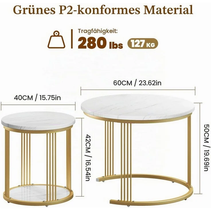 Dripex Couchtisch Couchtisch Set 2er rund, Marmor-Metall, Nesting mit Stauraum, Weiß – Bild 3