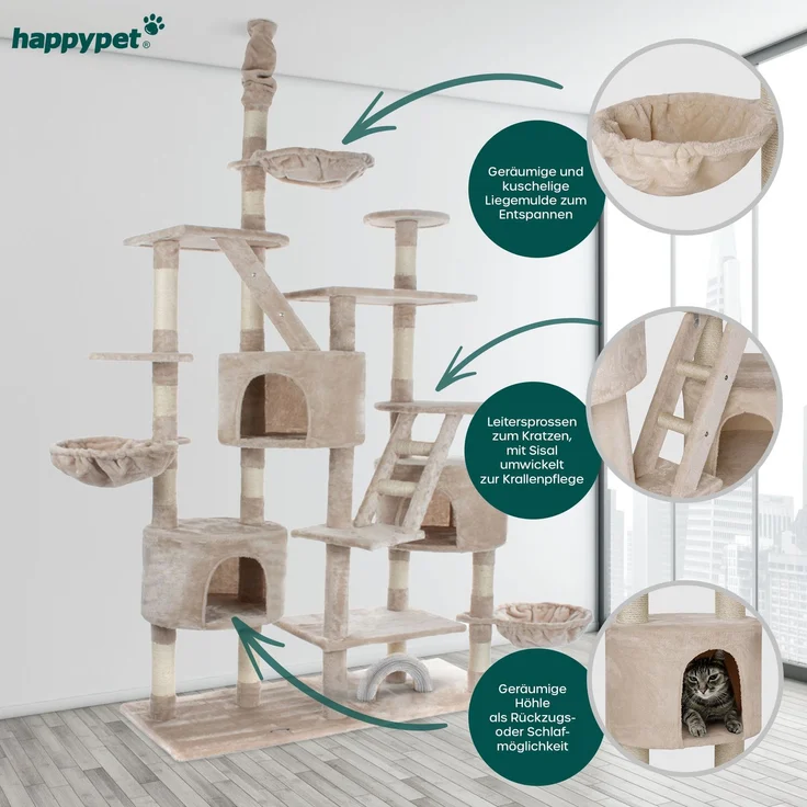 Happypet Kratzbaum SAM, Gesamthöhe bis 260 cm, Extra Breit, Deckenhoch mit viel Zubehör – Bild 3