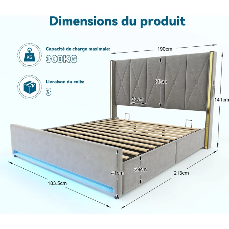 TavilaEcon Boxspringbett Veloursbett mit hohem Kopfteil, Seitentaschen & USB grau Liegefläche 180 × 200 cm – Bild 7