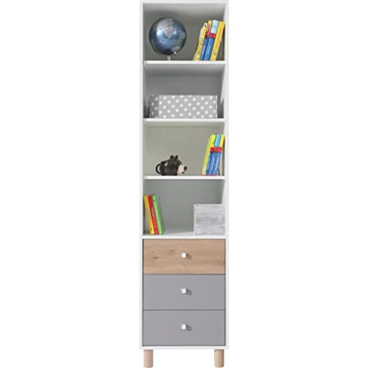 Jugendzimmer Farin in Weiß, Eiche Artisan & Grau – Modern mit Massivholz-Füßen, in verschiedenen Set-Varianten oder als Einzelmöbel für Kinder & Jugendliche - 7 teilig , Eckkleiderschrank · Standregal mit Türen · Standregal mit Schubkästen · Schreibtis... – Bild 5