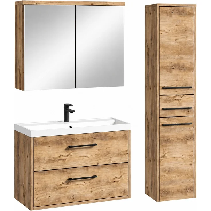 Badplaats Badmöbel-Set Florence 80 x 40 cm - Kastanieneiche - mit Waschbecken, Spiegelschrank und Hochschrank – Bild 1