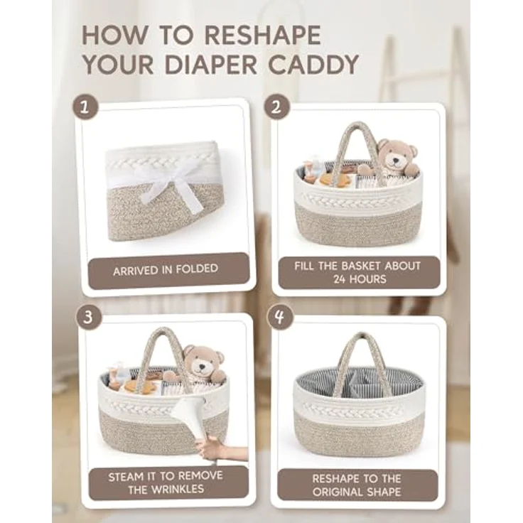 Maliton Wickeltisch Organizer，Baby Organizer Korb，Aufbewahrungskorb für den Wickeltisch，Windel Caddy mit Fächern & Griffen，Geschenke für Neugeborene – Bild 8
