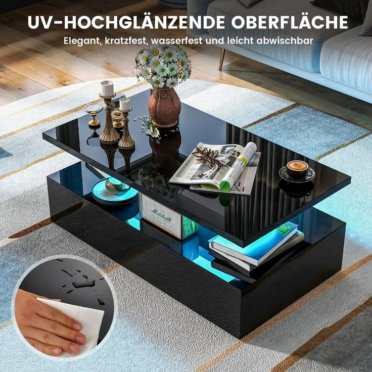 COSTWAY Couchtisch, mit 20 Farben LED-Beleuchtung, Fernbedienung, Hochglanz – Bild 2