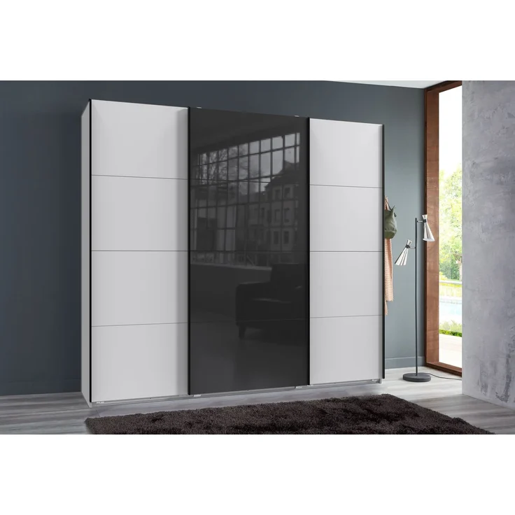 Schwebetürenschrank Kleiderschrank B225 cm extra H236 cm 3-türig Weiß, 1x Tür Glas Schwarz – Bild 3
