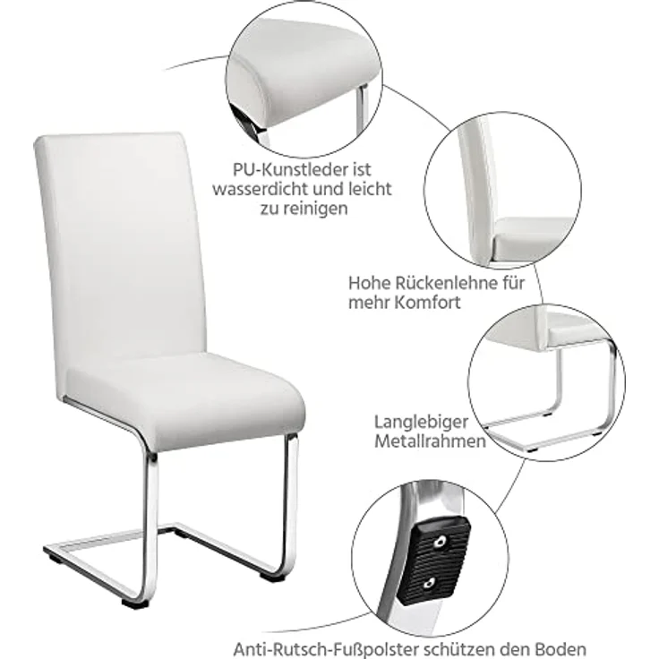 Yaheetech 2er Set Esszimmerstühle Küchenstuhl Schwingstuhl Essgruppe, mit hoher Rückenlehne, bequem gepolstert, Edelstahl und Kunstleder, Weiß – Bild 10