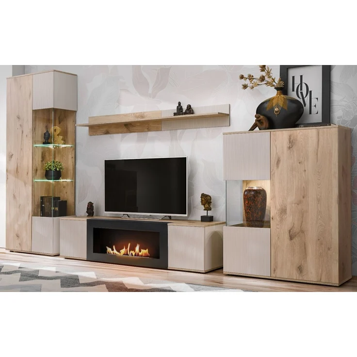 Wohnwand Cathlyn in Viking Eiche und Kaschmir mit Kamin 350 cm – Bild 1
