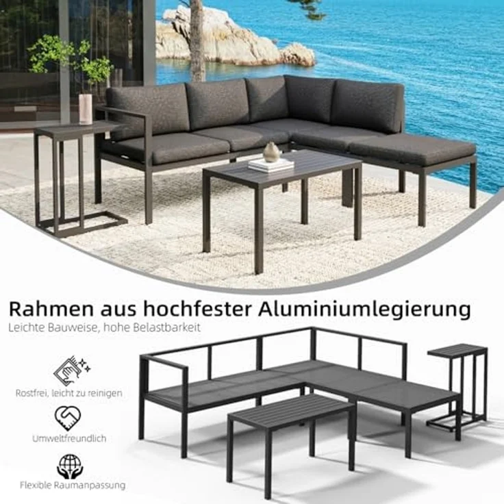 Melko Sitzgruppe Ecklounge Aluminium Beistelltisch Hocker Sitzgruppe wetterfest Grau, (UV-Beständigkeit, 5-tlg, Möbelset Anthrazit), Inkl. praktischen Beistelltisch, Hocker und wasserabweisenden Kissen – Bild 3