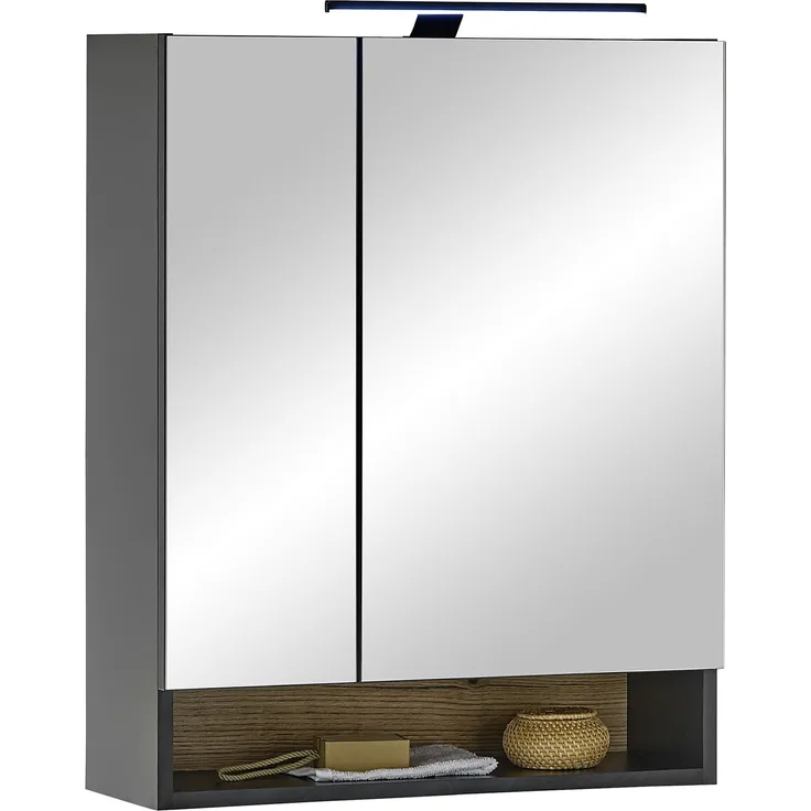 Badezimmerspiegelschrank >Denver< LED, Steckdose, schwarz matt / evoke Eiche Dekor - 60x75x22cm (BxHxT)