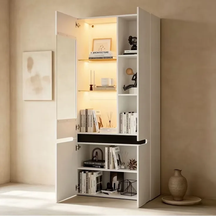 DESVIAE Vitrinenschrank Weiß aus MDF – 80x180x35 cm – LED-Beleuchtung, 4 Türen, 8 Fächer