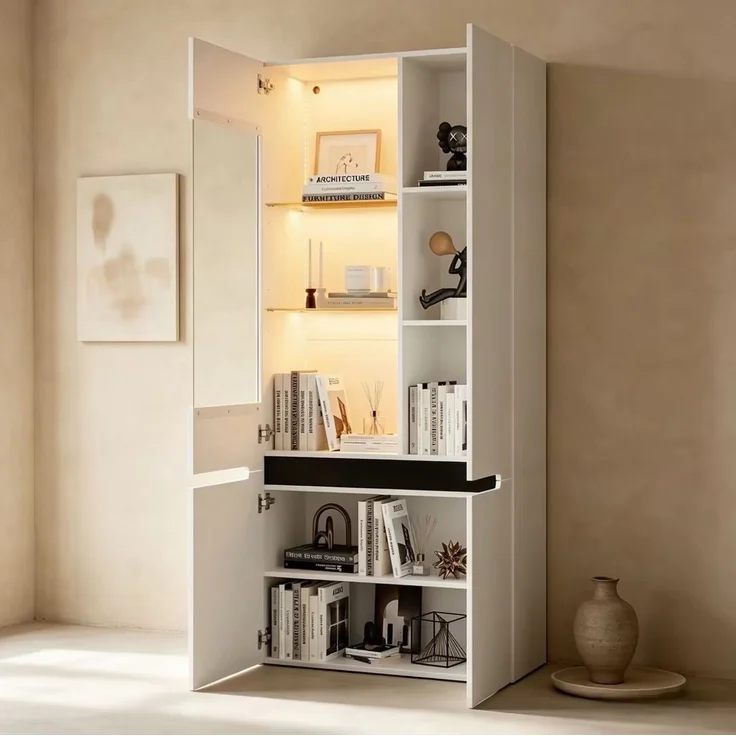 DESVIAE Vitrinenschrank Weiß aus MDF – 80x180x35 cm – LED-Beleuchtung, 4 Türen, 8 Fächer – Bild 1