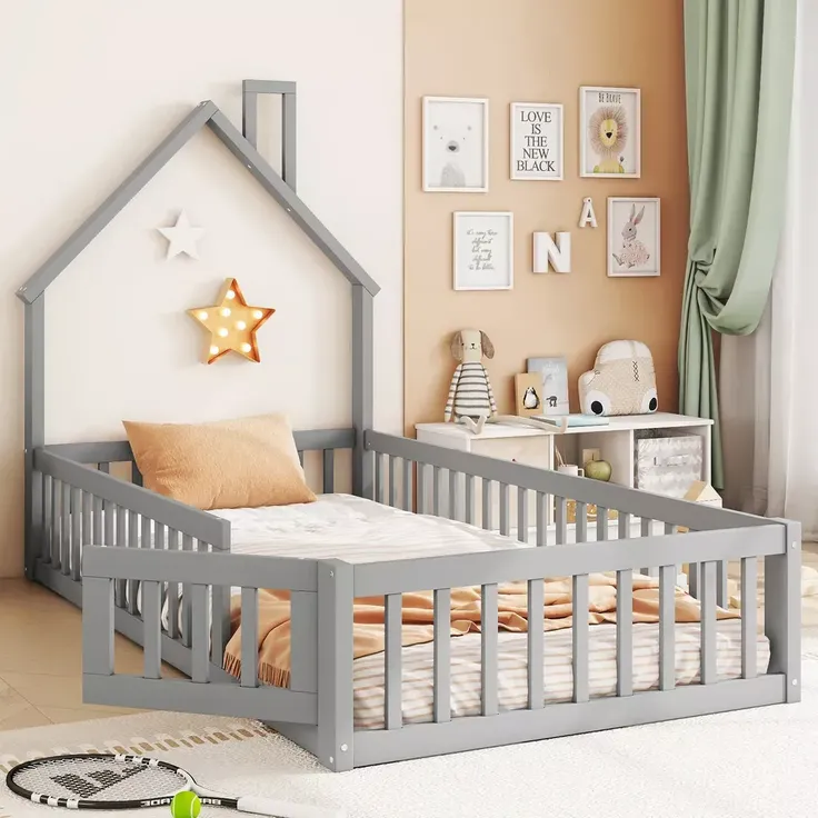 Hausbett mit Lattenrost und Rausfallschutz, 90x200 cm, Kinderbett, Jugendbett, Kiefer – Bild 3