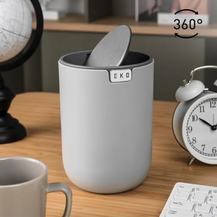 EKO Mini Tischmülleimer mit Schwingdeckel, 1,5 Liter Kosmetikeimer, kleiner Schreibtisch-Mülleimer, runder Tischabfalleimer für Büro, Bad, Schreibtisch, Schlafzimmer (Grau) – Bild 3