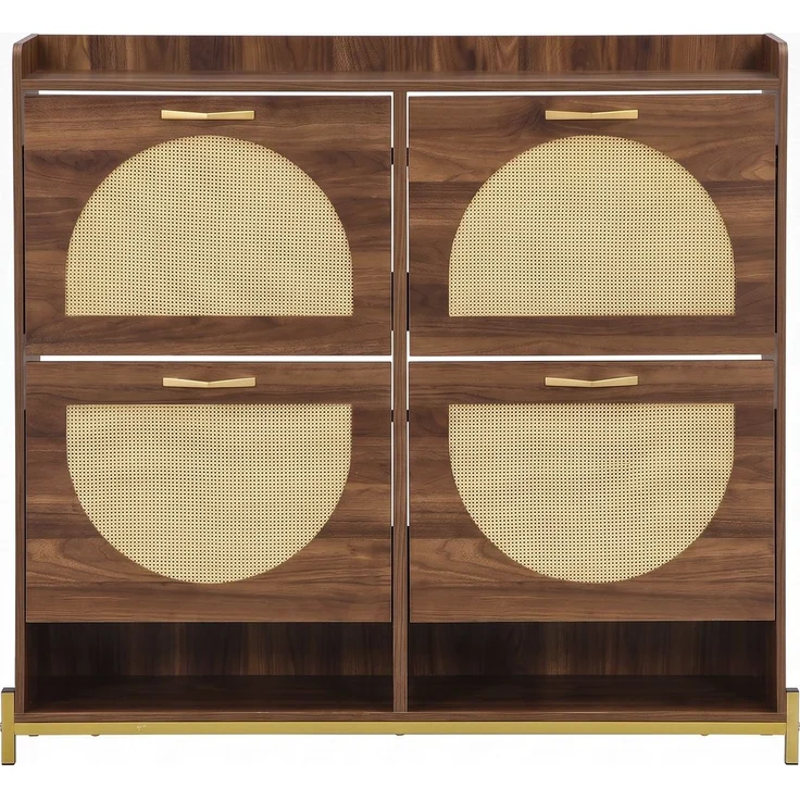 DESVIAE Garderobenschrank Schuhschrank Nussbaum aus MDF – 108,5x100x24 cm – 4 Klappen, Rattan-Optik – Bild 8