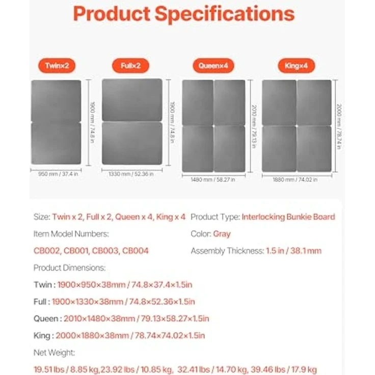 VEVOR Bunkie-Boards für Twin-Size-Betten 1900x950x38 mm, 2-Teilig, Bunkie-Brett für Lattenrost, Bettstützlatten mit 200D Oxford-Gewebe, Holzmatratzenauflage, Matratzen-Unterbau, Grau – Bild 3