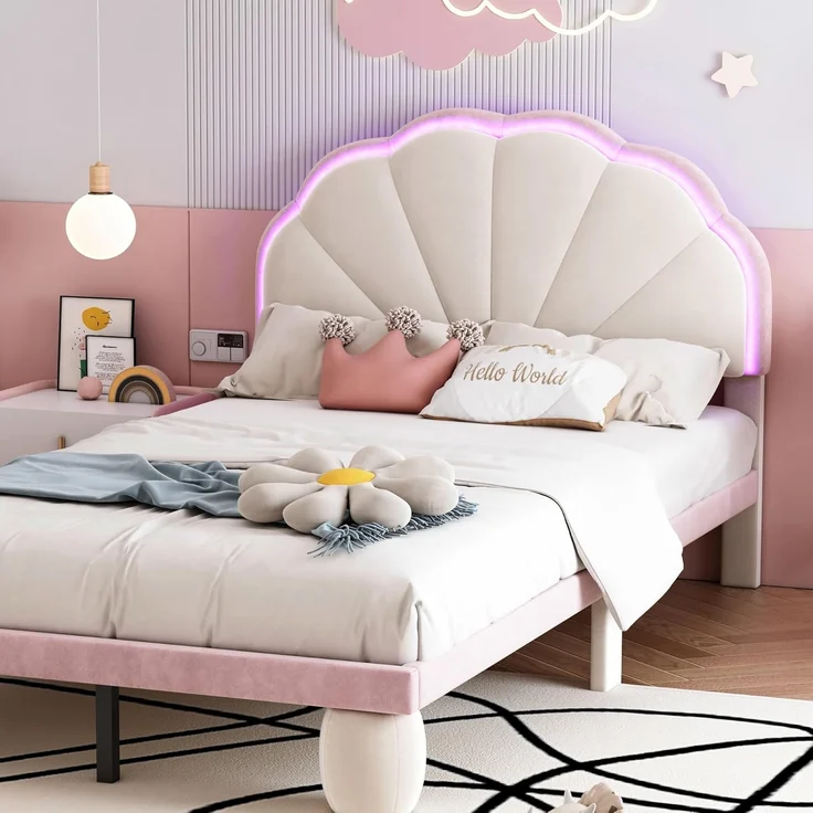 Ball & Cast Kinderbett (90x200 cm) mit Lichtstreifen, Polsterbett mit Wellengestriftem Kopfteil aus Samt, Einfach & Zeitsparend Montierbar, Beige+Rosa – Bild 7