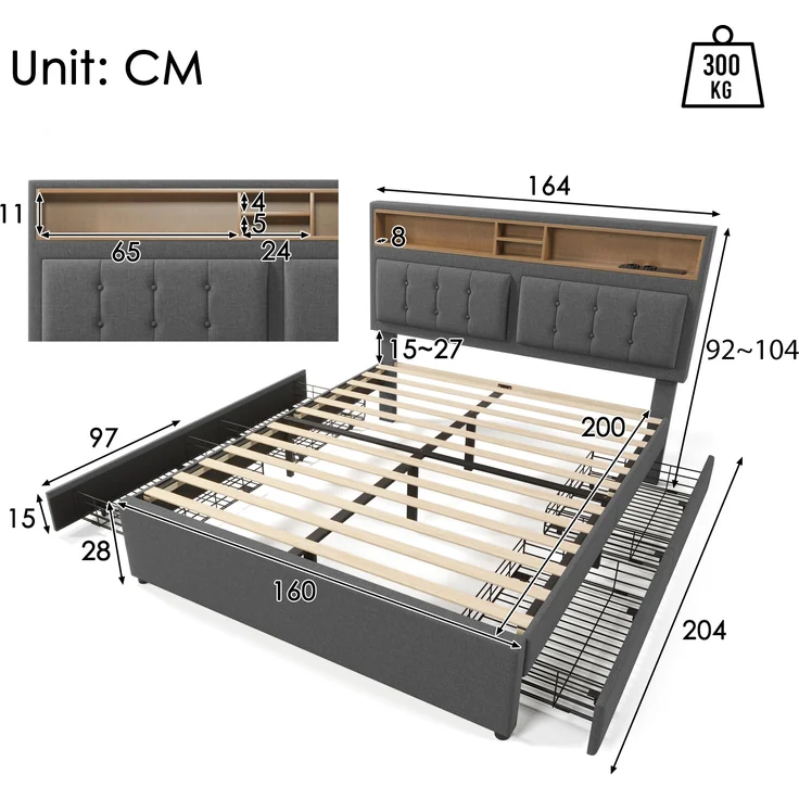 Doppelbett mit 4 Schubladen, höhenverstellbarem Kopfteil & USB-C Ladestation, Leinen, 160x200 cm, Grau, mit Matratze – Bild 5