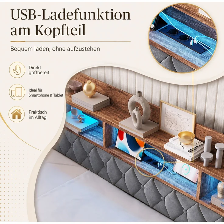 Polsterbett 90x190 cm in Dunkelgrau mit LED, Ablage und 2 Schubladen – Ohne Matratze – Bild 6