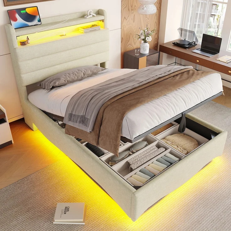 EINHOM Polsterbett, 90x200 cm, ohne Matratze, mit LED-Beleuchtung, mit Hydraulikmechanismus, mit USB- und Typ-C-Anschlüssen, Ablagefach, Ablagen für Gegenstände, Leinenstoff, Beige (Ohne Matratze) – Bild 4